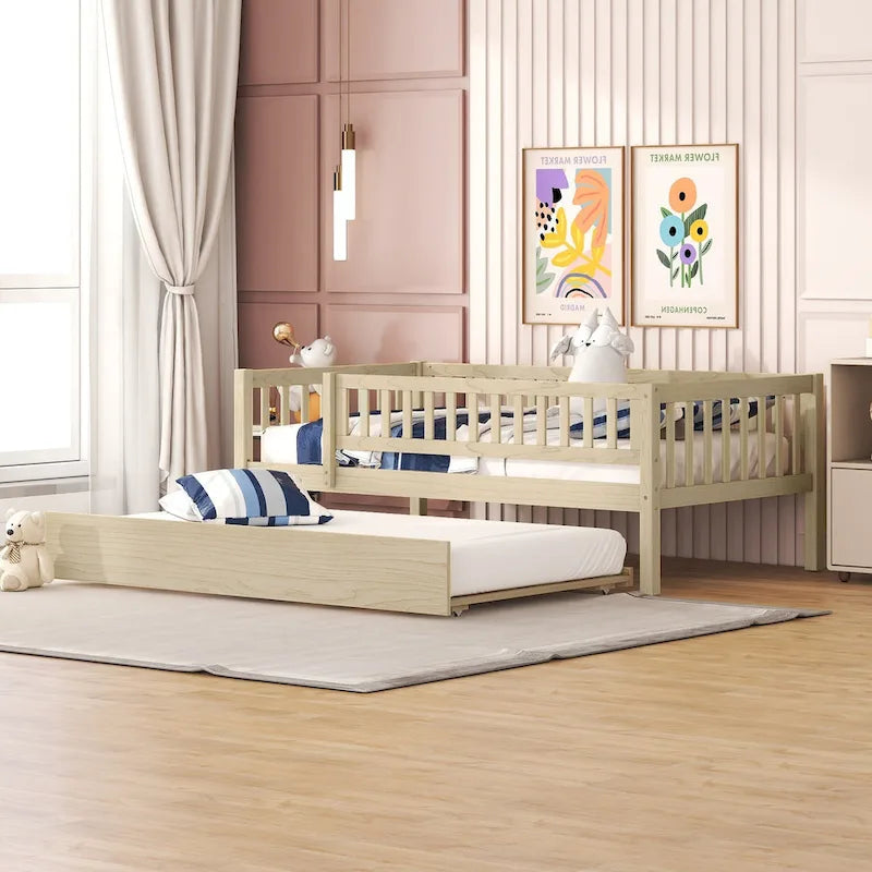 Lit de repos simple en bois avec lit gigogne et barrières de sécurité