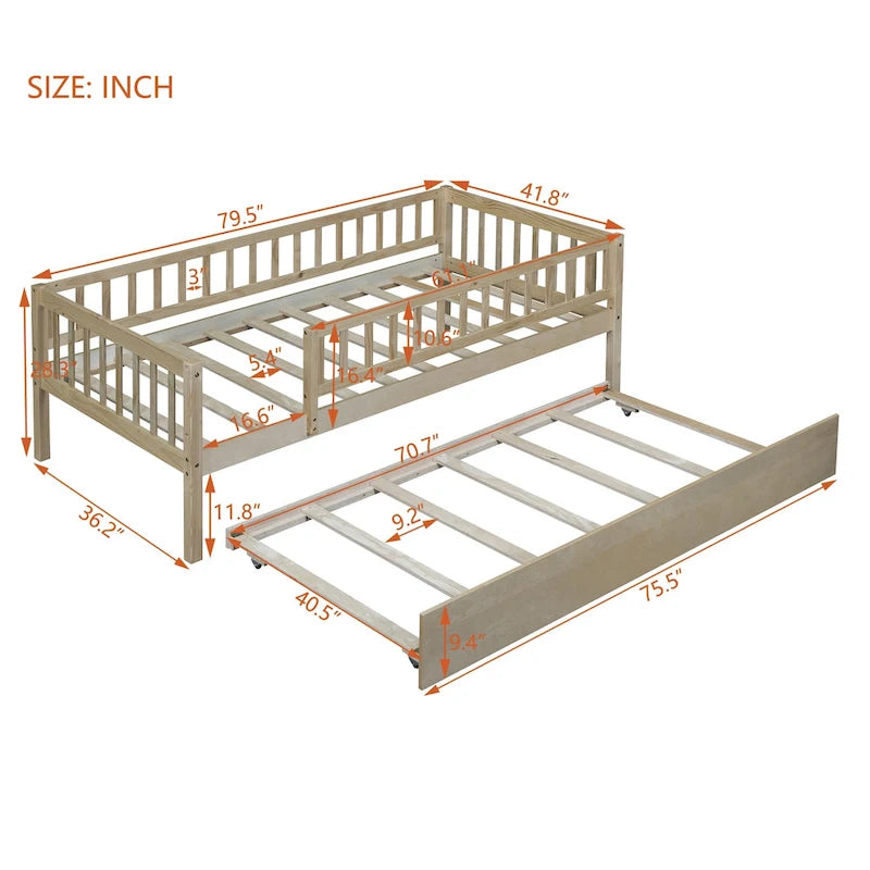 Lit de repos simple en bois avec lit gigogne et barrières de sécurité
