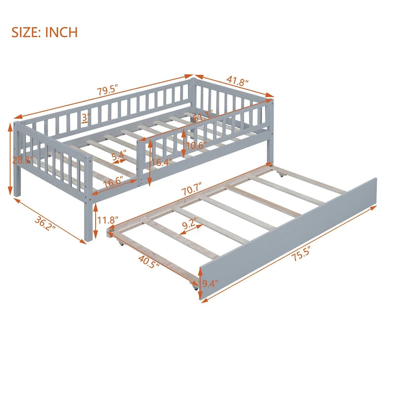 Lit de repos simple en bois avec lit gigogne et barrières de sécurité