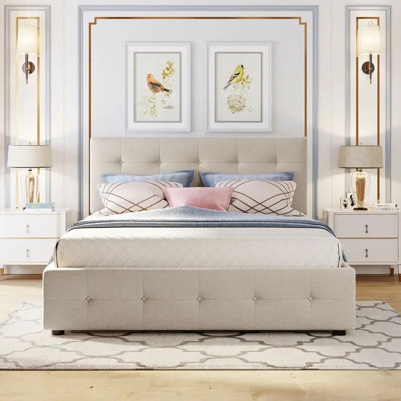 Queen Size Bed with 2 Storage Drawers and a Twin XL Trundle, Upholstered Platform Queen Bed Frame with Tufted Headboard