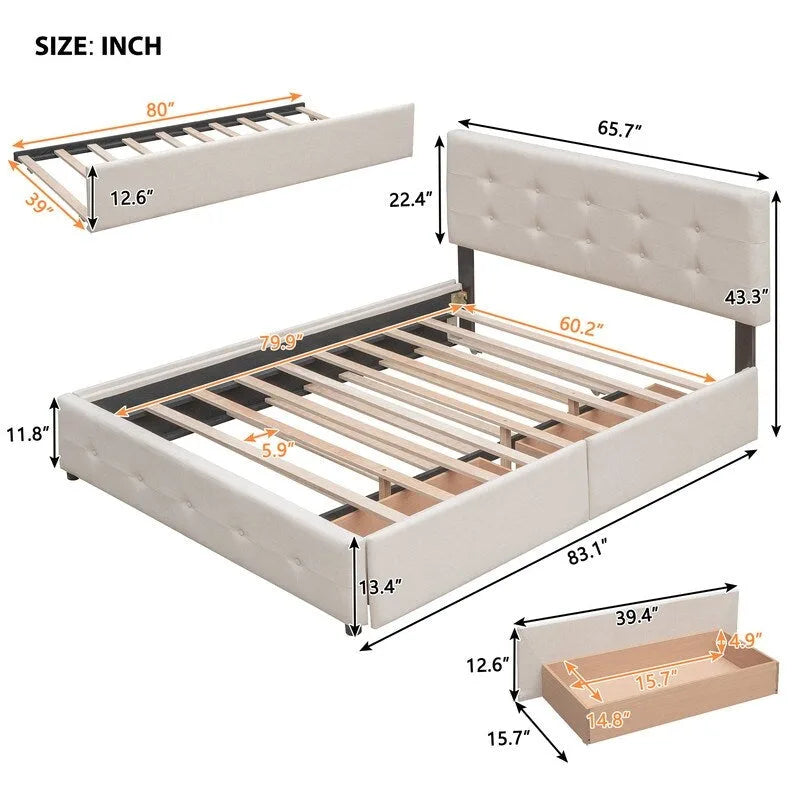 Lit Queen Size avec 2 tiroirs de rangement et un lit gigogne Twin XL, cadre de lit plateforme capitonné avec tête de lit capitonnée