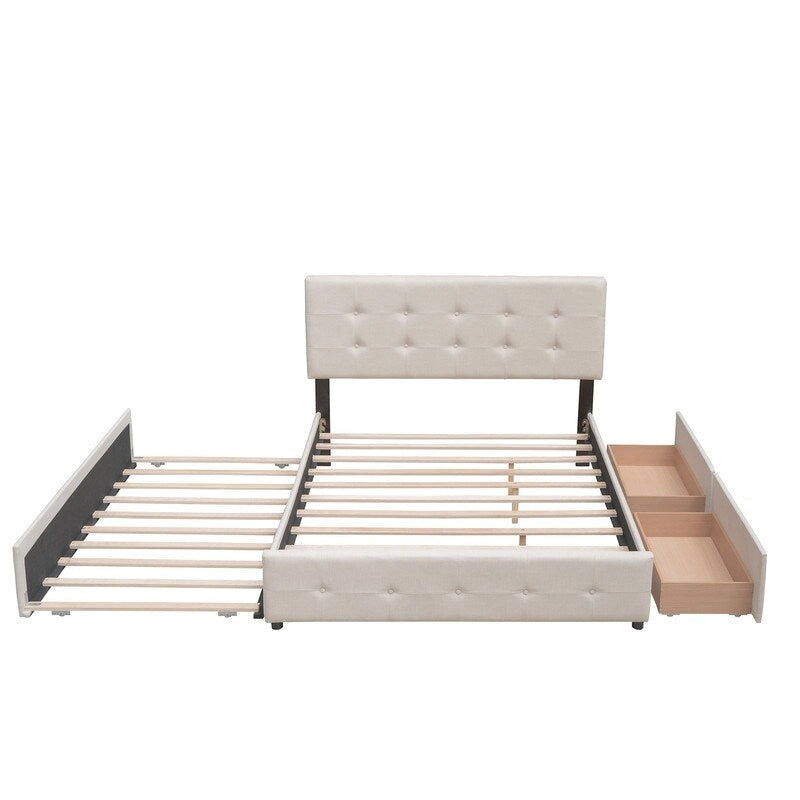 Lit Queen Size avec 2 tiroirs de rangement et un lit gigogne Twin XL, cadre de lit plateforme capitonné avec tête de lit capitonnée