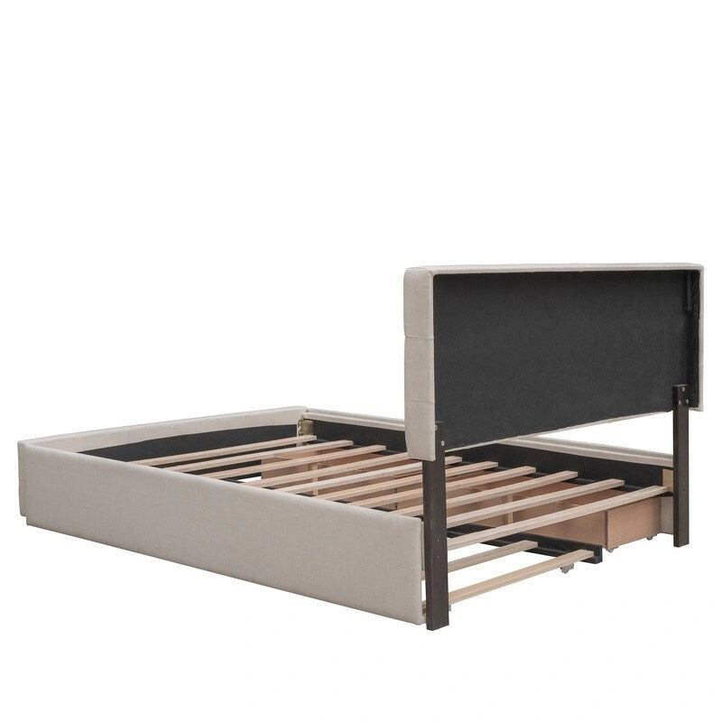 Lit Queen Size avec 2 tiroirs de rangement et un lit gigogne Twin XL, cadre de lit plateforme capitonné avec tête de lit capitonnée