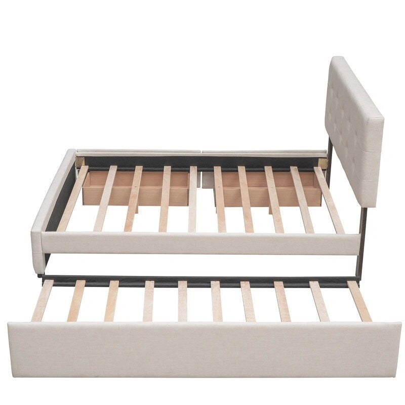Lit Queen Size avec 2 tiroirs de rangement et un lit gigogne Twin XL, cadre de lit plateforme capitonné avec tête de lit capitonnée