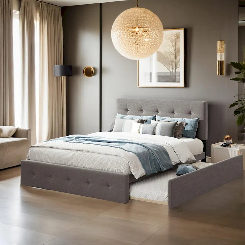 Lit Queen Size avec 2 tiroirs de rangement et un lit gigogne Twin XL, cadre de lit plateforme capitonné avec tête de lit capitonnée