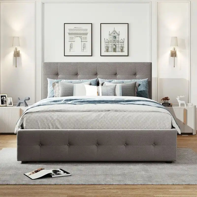 Lit Queen Size avec 2 tiroirs de rangement et un lit gigogne Twin XL, cadre de lit plateforme capitonné avec tête de lit capitonnée