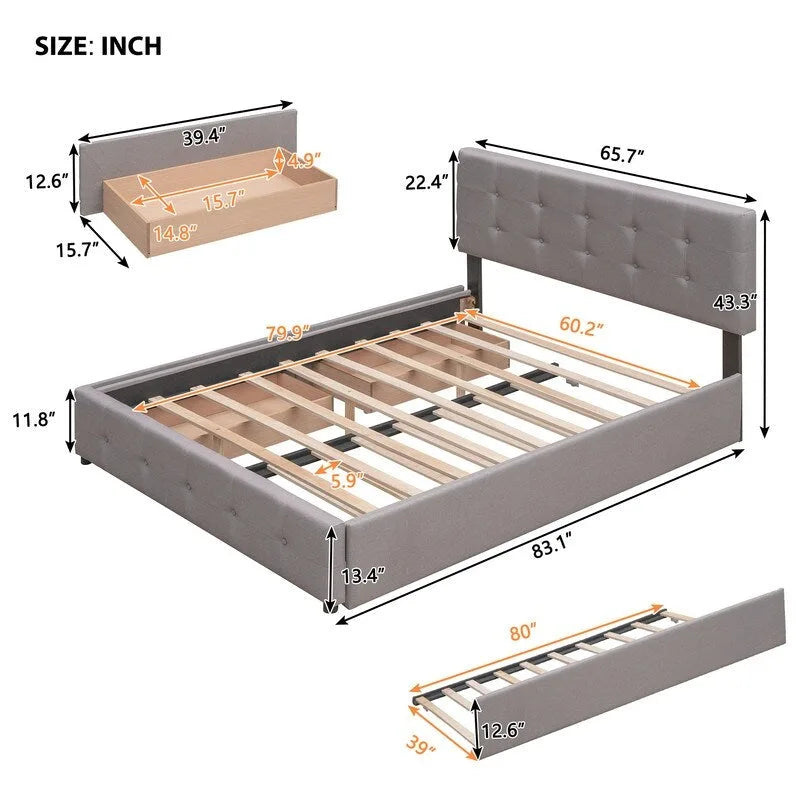 Lit Queen Size avec 2 tiroirs de rangement et un lit gigogne Twin XL, cadre de lit plateforme capitonné avec tête de lit capitonnée