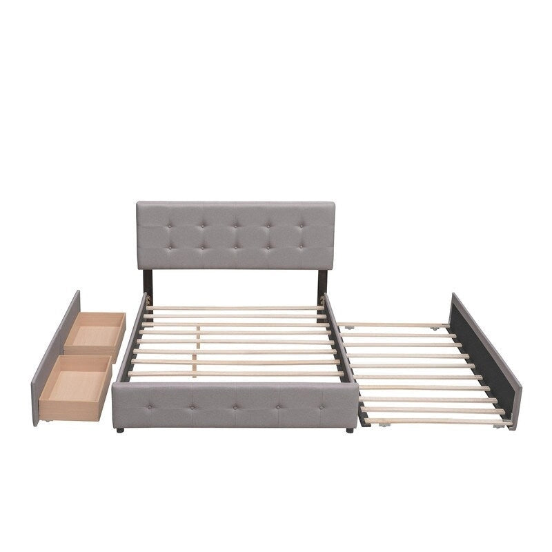 Lit Queen Size avec 2 tiroirs de rangement et un lit gigogne Twin XL, cadre de lit plateforme capitonné avec tête de lit capitonnée