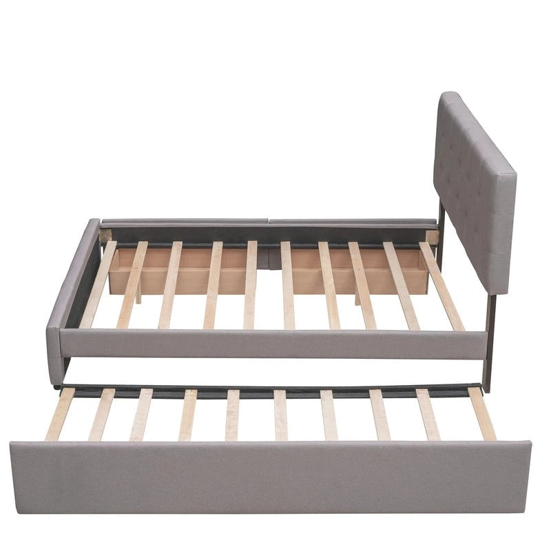 Lit Queen Size avec 2 tiroirs de rangement et un lit gigogne Twin XL, cadre de lit plateforme capitonné avec tête de lit capitonnée