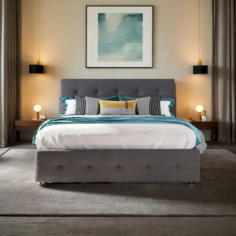 Lit Queen Size avec 2 tiroirs de rangement et un lit gigogne Twin XL, cadre de lit plateforme capitonné avec tête de lit capitonnée