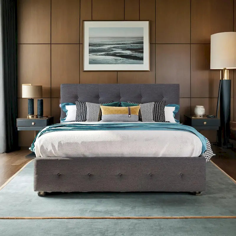 Lit Queen Size avec 2 tiroirs de rangement et un lit gigogne Twin XL, cadre de lit plateforme capitonné avec tête de lit capitonnée
