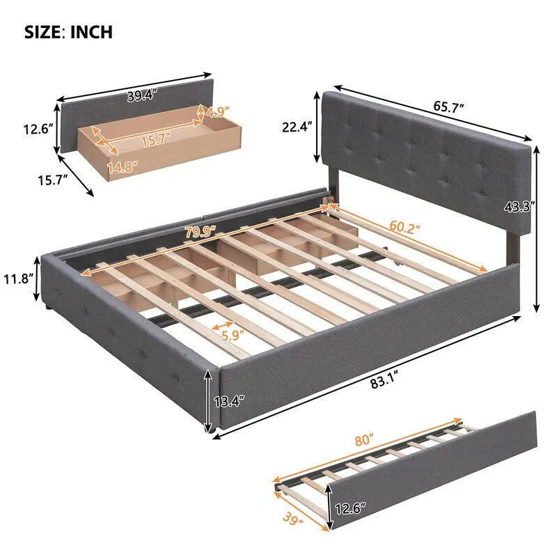 Lit Queen Size avec 2 tiroirs de rangement et un lit gigogne Twin XL, cadre de lit plateforme capitonné avec tête de lit capitonnée