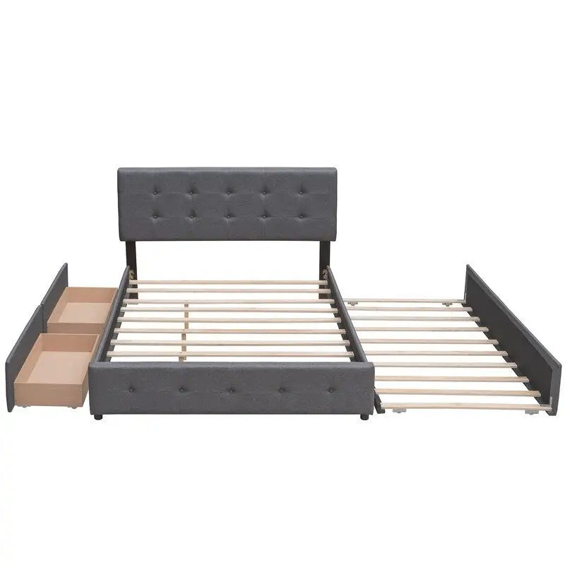 Lit Queen Size avec 2 tiroirs de rangement et un lit gigogne Twin XL, cadre de lit plateforme capitonné avec tête de lit capitonnée