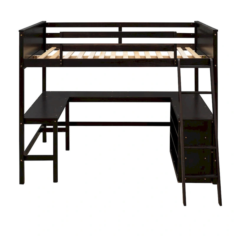 Lit mezzanine pleine grandeur avec étagères et bureau, lit mezzanine en bois avec bureau - Espresso