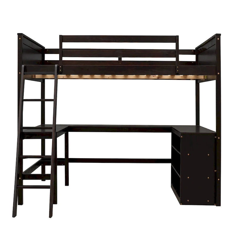 Lit mezzanine pleine grandeur avec étagères et bureau, lit mezzanine en bois avec bureau - Espresso