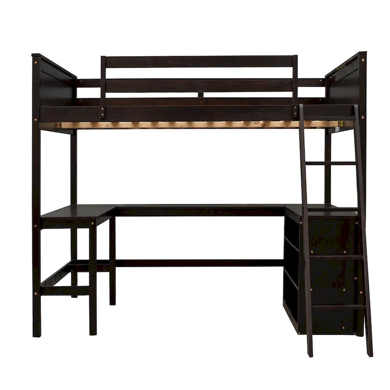 Lit mezzanine pleine grandeur avec étagères et bureau, lit mezzanine en bois avec bureau - Espresso
