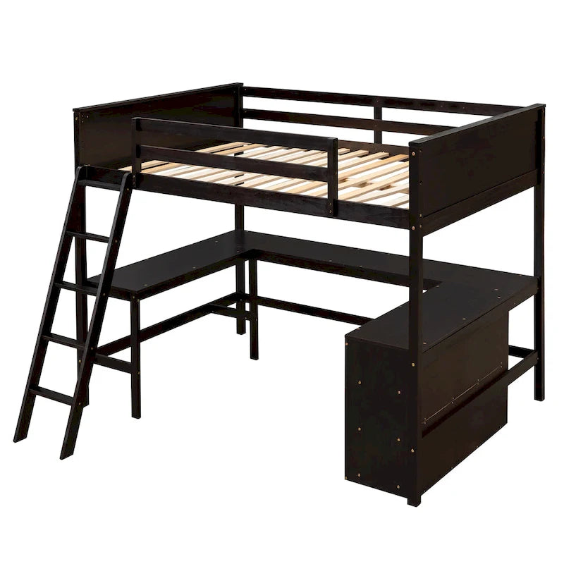 Lit mezzanine pleine grandeur avec étagères et bureau, lit mezzanine en bois avec bureau - Espresso