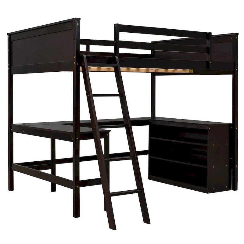 Lit mezzanine pleine grandeur avec étagères et bureau, lit mezzanine en bois avec bureau - Espresso