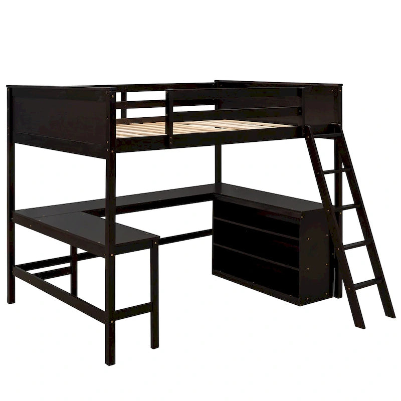 Lit mezzanine pleine grandeur avec étagères et bureau, lit mezzanine en bois avec bureau - Espresso
