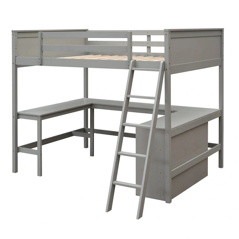Lit mezzanine pleine grandeur avec étagères et bureau, lit mezzanine en bois avec bureau - Espresso