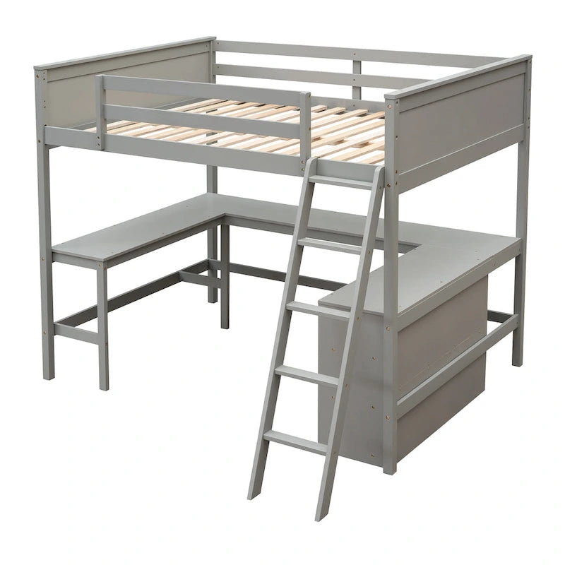 Lit mezzanine pleine grandeur avec étagères et bureau, lit mezzanine en bois avec bureau - Espresso