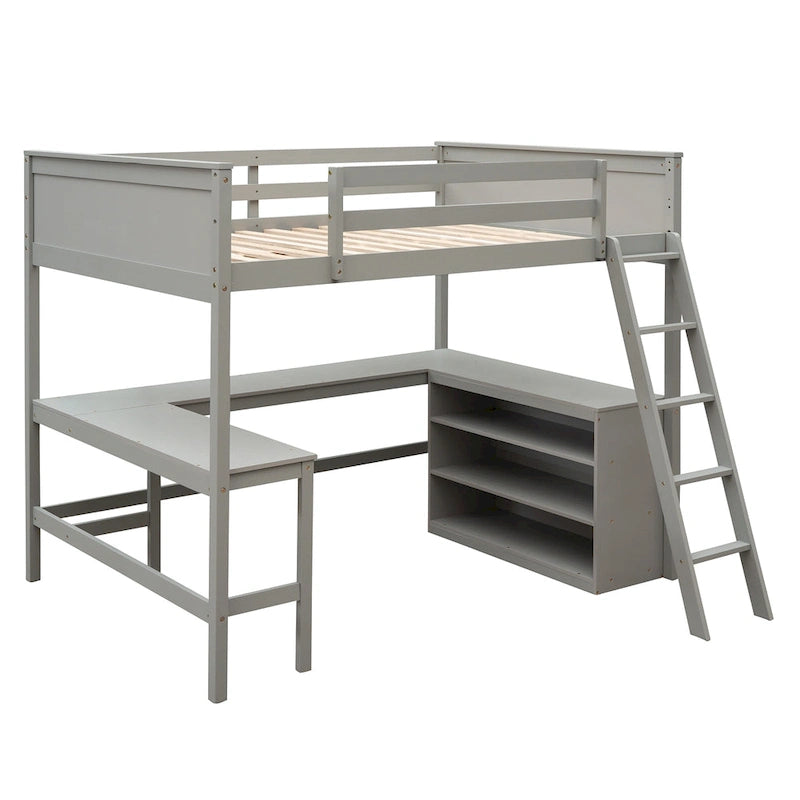 Lit mezzanine pleine grandeur avec étagères et bureau, lit mezzanine en bois avec bureau - Espresso