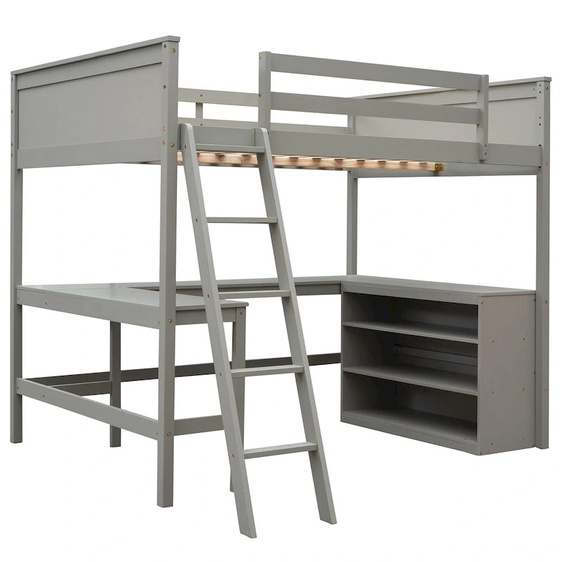 Lit mezzanine pleine grandeur avec étagères et bureau, lit mezzanine en bois avec bureau - Espresso