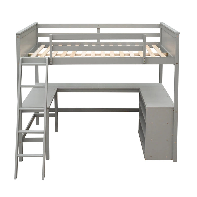 Lit mezzanine pleine grandeur avec étagères et bureau, lit mezzanine en bois avec bureau - Espresso