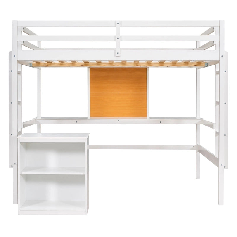 Lit mezzanine double avec bureau et tableau d'écriture, Lit mezzanine en bois avec bureau et armoire à 2 tiroirs - Espresso