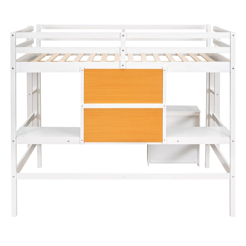 Lit mezzanine double avec bureau et tableau d'écriture, Lit mezzanine en bois avec bureau et armoire à 2 tiroirs - Espresso