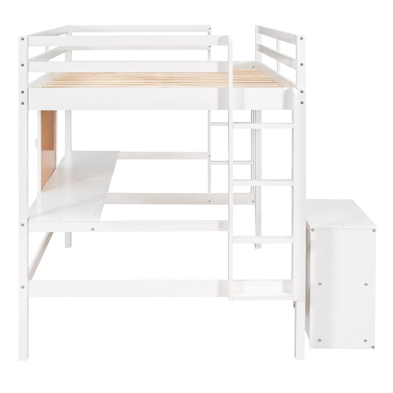 Lit mezzanine double avec bureau et tableau d'écriture, Lit mezzanine en bois avec bureau et armoire à 2 tiroirs - Espresso