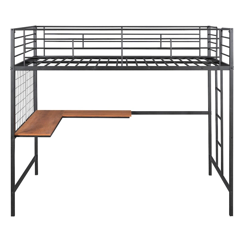 Lit mezzanine en métal avec bureau et grille métallique, Noir