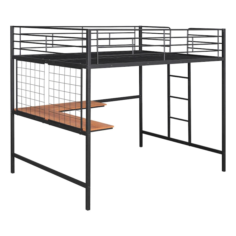 Lit mezzanine en métal avec bureau et grille métallique, Noir