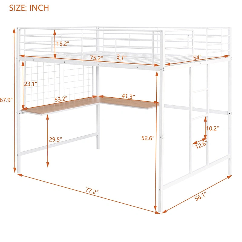 Lit mezzanine en métal avec bureau et grille métallique, Noir