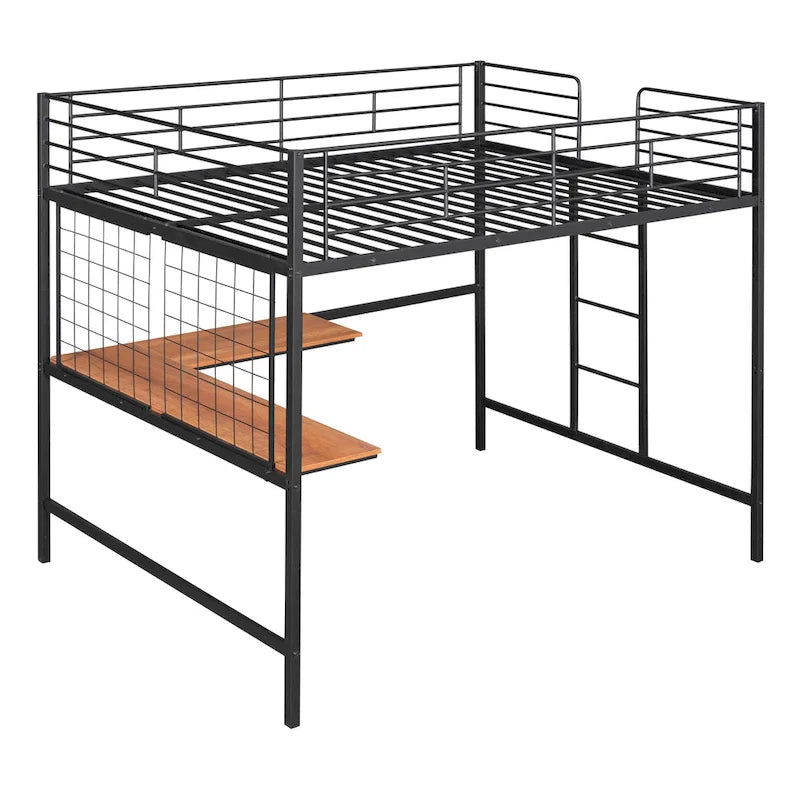 Lit mezzanine en métal avec bureau et grille métallique, Noir