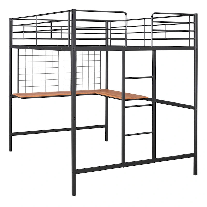 Lit mezzanine en métal avec bureau et grille métallique, Noir