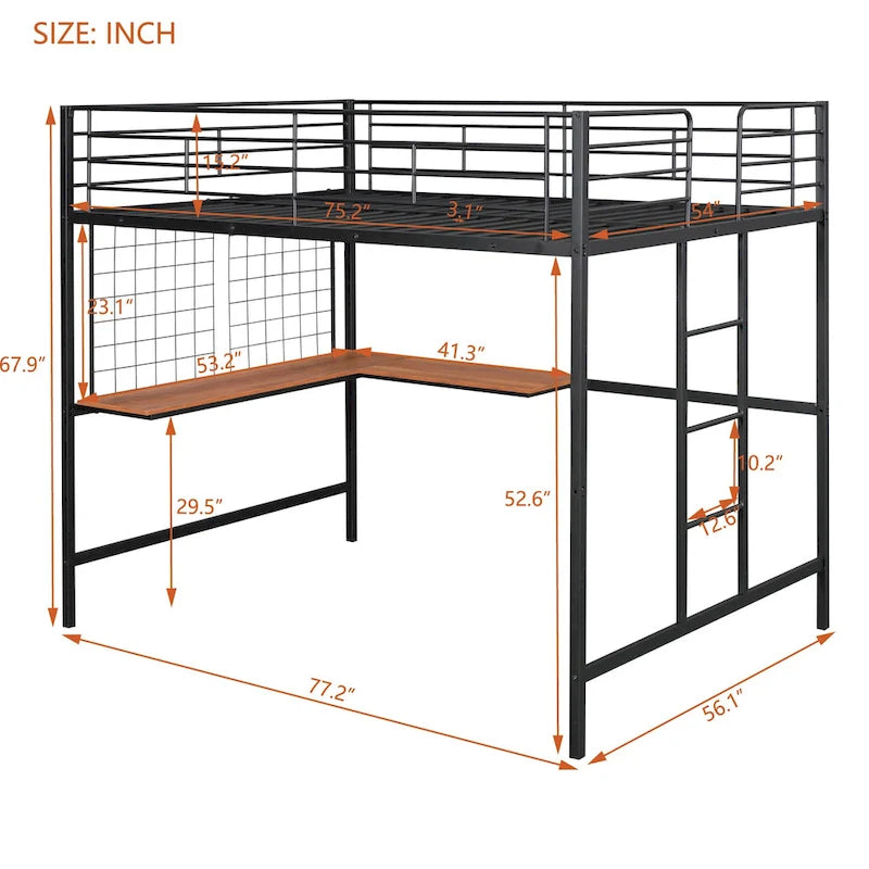 Lit mezzanine en métal avec bureau et grille métallique, Noir