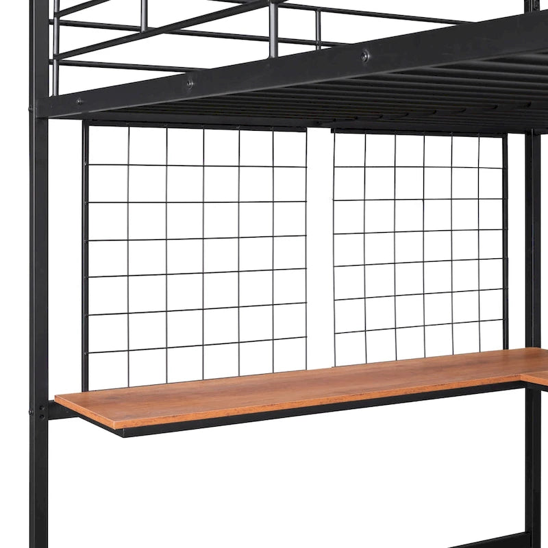 Lit mezzanine en métal avec bureau et grille métallique, Noir