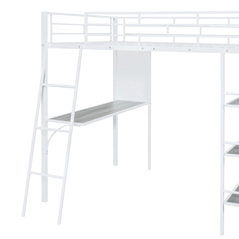 Lit mezzanine pleine grandeur en métal avec 3 étagères et un bureau, lit en métal élégant avec tableau blanc, noir