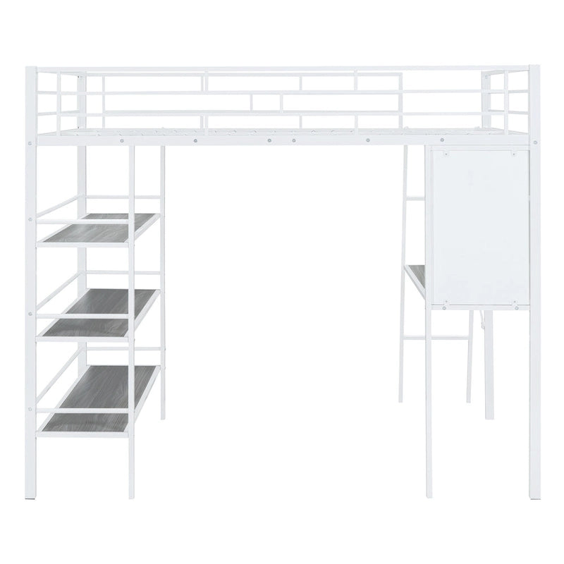 Lit mezzanine pleine grandeur en métal avec 3 étagères et un bureau, lit en métal élégant avec tableau blanc, noir