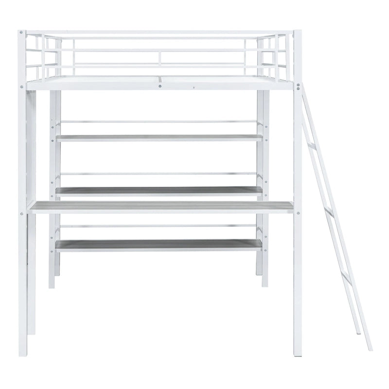 Lit mezzanine pleine grandeur en métal avec 3 étagères et un bureau, lit en métal élégant avec tableau blanc, noir