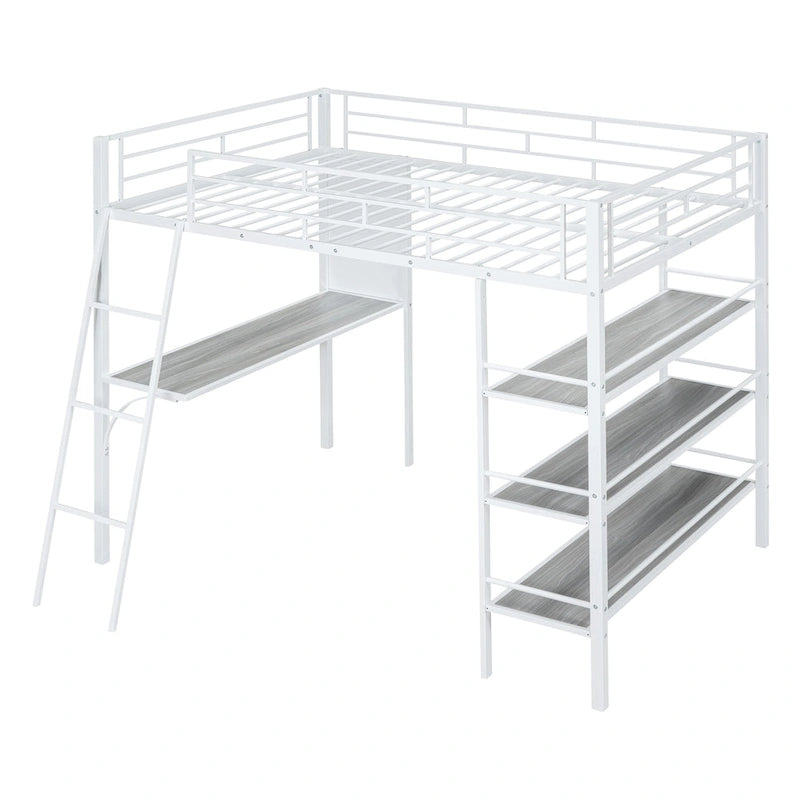 Lit mezzanine pleine grandeur en métal avec 3 étagères et un bureau, lit en métal élégant avec tableau blanc, noir