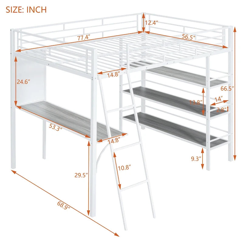 Lit mezzanine pleine grandeur en métal avec 3 étagères et un bureau, lit en métal élégant avec tableau blanc, noir