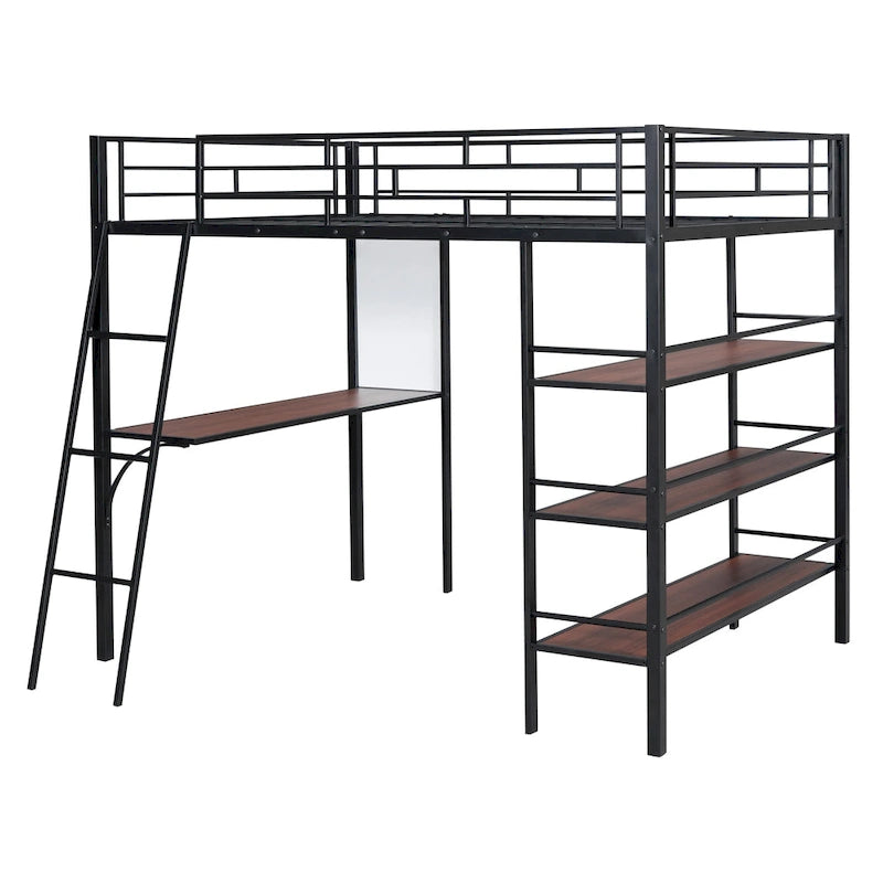 Lit mezzanine pleine grandeur en métal avec 3 étagères et un bureau, lit en métal élégant avec tableau blanc, noir