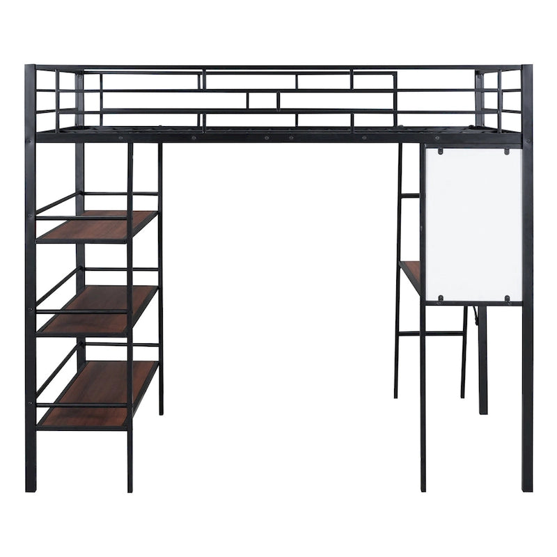 Lit mezzanine pleine grandeur en métal avec 3 étagères et un bureau, lit en métal élégant avec tableau blanc, noir