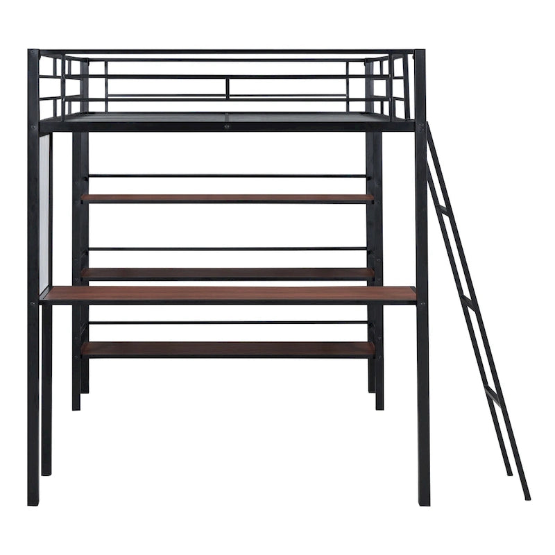 Lit mezzanine pleine grandeur en métal avec 3 étagères et un bureau, lit en métal élégant avec tableau blanc, noir