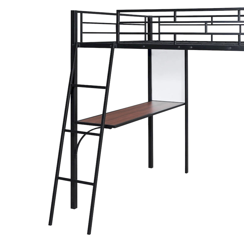 Lit mezzanine pleine grandeur en métal avec 3 étagères et un bureau, lit en métal élégant avec tableau blanc, noir