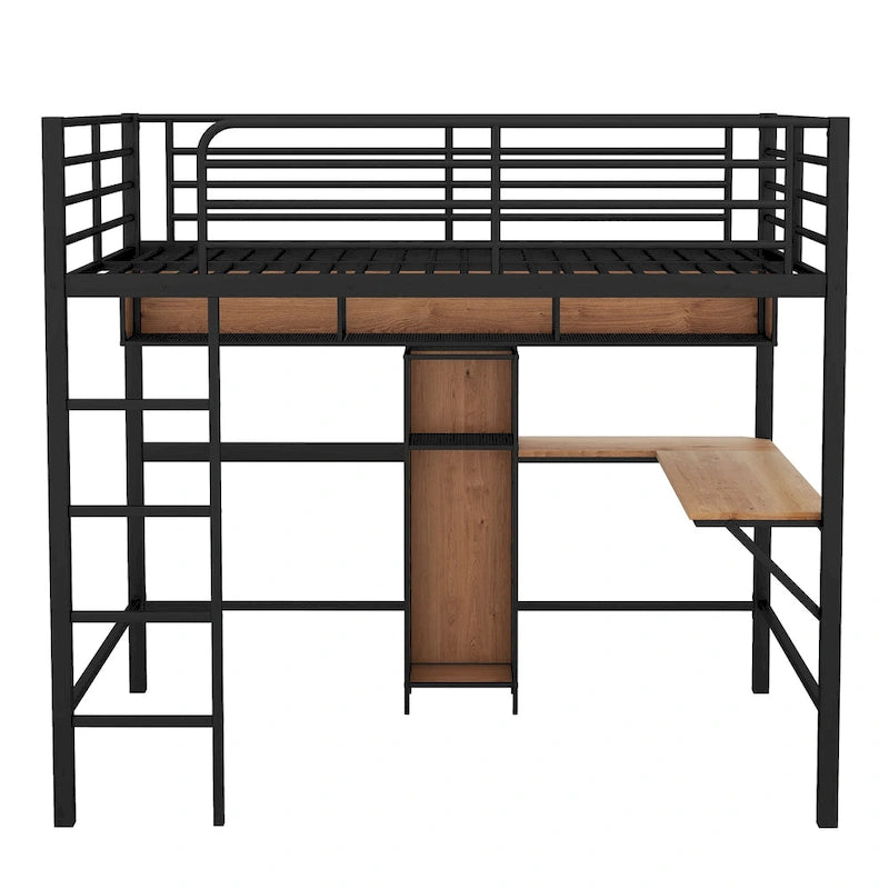 Lit mezzanine pleine grandeur en métal et bois avec bureau en L et étagères, Noir et Marron