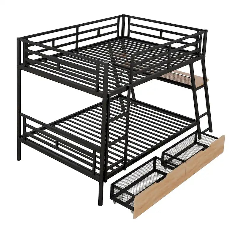 Lit mezzanine pleine grandeur en métal et bois avec bureau en L et étagères, Noir et Marron