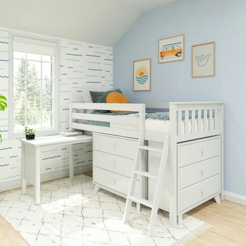 Lit mi-hauteur simple avec bureau coulissant et commodes à 3 tiroirs